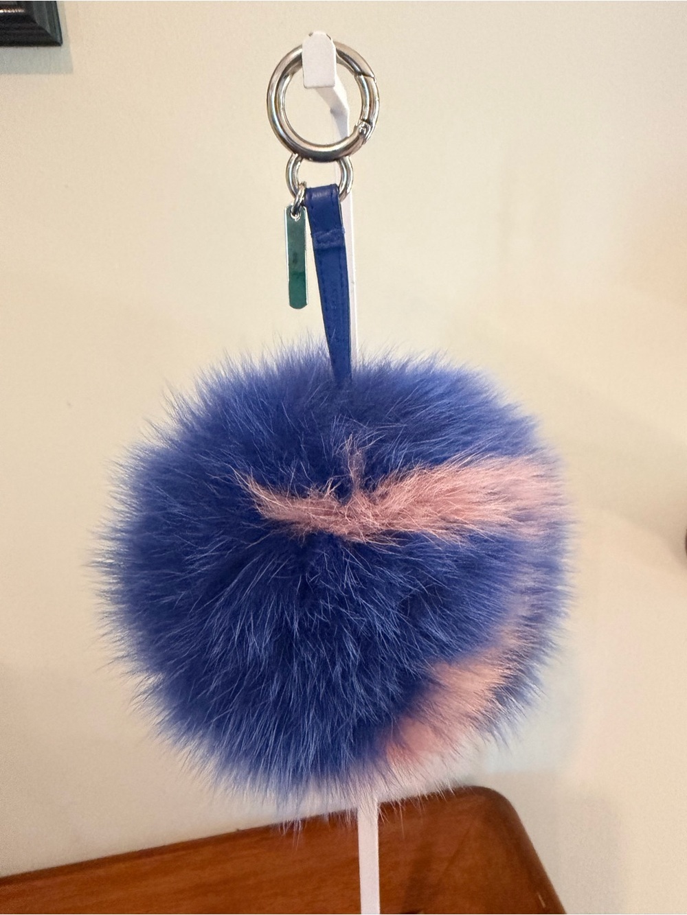 Fendi Blue and Pink Fur Pom Pom Bag Charm Keychain Silver Hardware